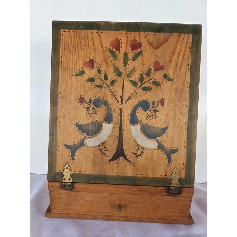 Vintage Folk Art Wood Mail Letter Rack Birds Hearts Drawer Wall Hanging Brown